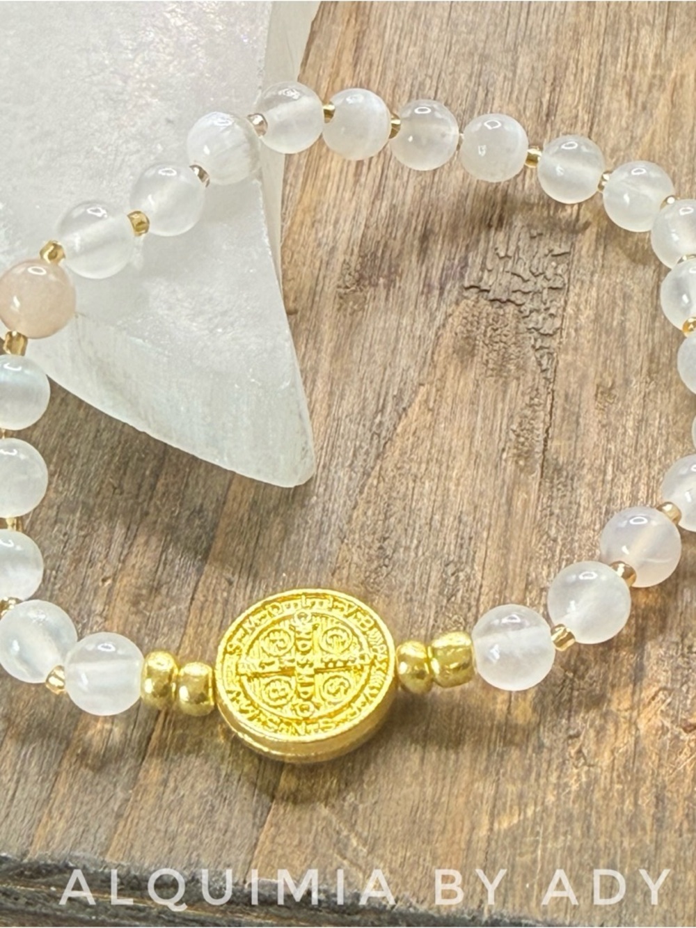MINIMAL +6mm Selenite beaded handmade  bracelet with gold Saint Benedict medal